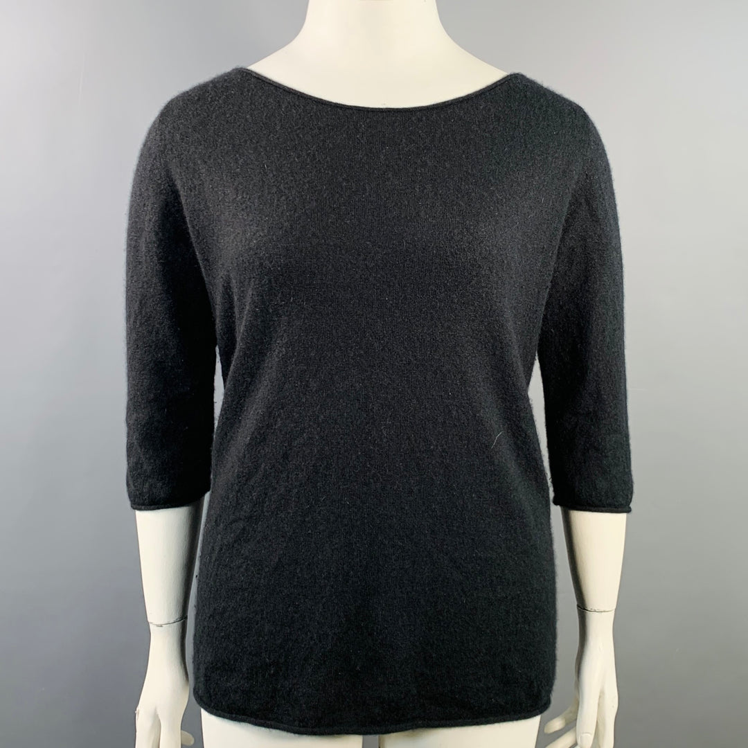 THE ROW Size L Black Cashmere Silk 3/4 Sleeves Scoop Neck Pullover