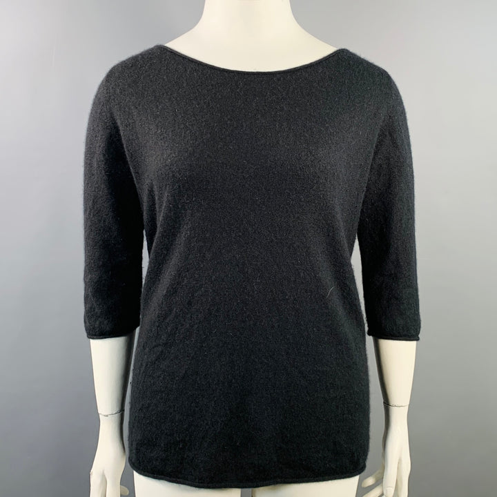 THE ROW Size L Black Cashmere Silk 3/4 Sleeves Scoop Neck Pullover