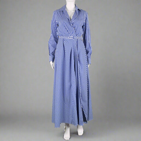 RALPH LAUREN Size 6 -Rivera- Blue White Cotton Gingham Long Sleeve Dress