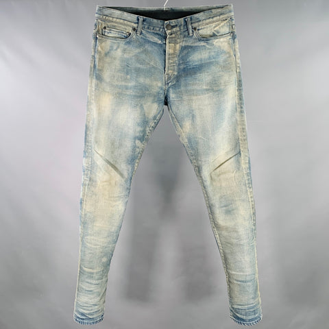 JOHN ELLIOTT Size 34 Blue Grey Distressed Cotton Button Fly Jeans