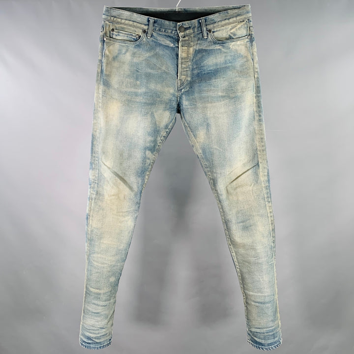 JOHN ELLIOTT Size 34 Blue Grey Distressed Cotton Button Fly Jeans