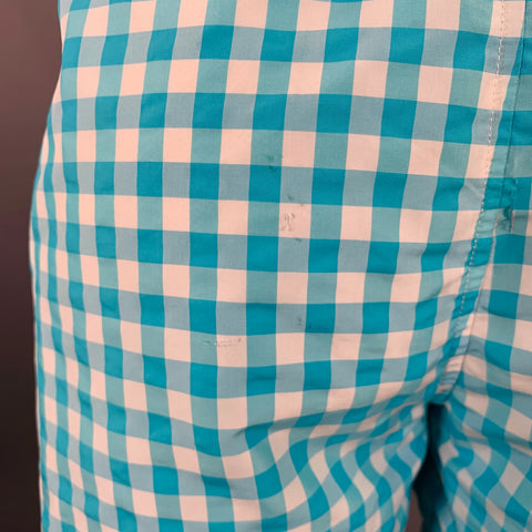 PARKE & RONEN Size 36 Turquoise White Gingham Polyester Blend Swim Trunks