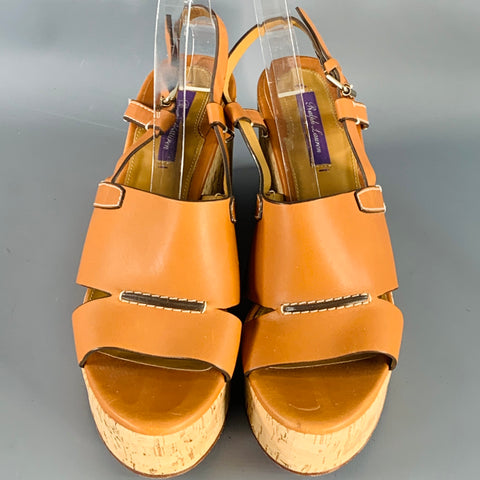 RALPH LAUREN Size 10 Tan Beige Leather Slingback Platform Wedge Sandals