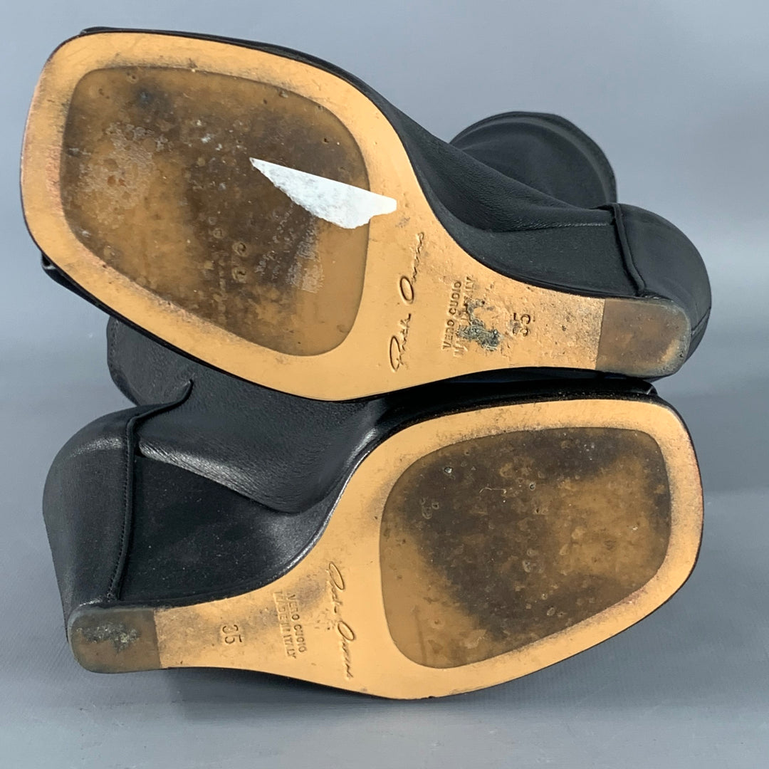 RICK OWENS Size 5 Black Lambskin Leather Open Toe Sock Wedge Boots