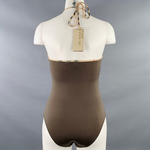 BURBERRY BRIT Maillot de bain taille S, marron beige, mélange de polyamide, bordures contrastantes
