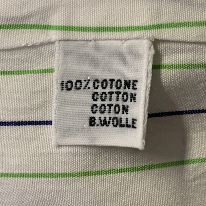 KITON Size L White Green Navy Pinstripe Cotton Long Sleeve Shirt