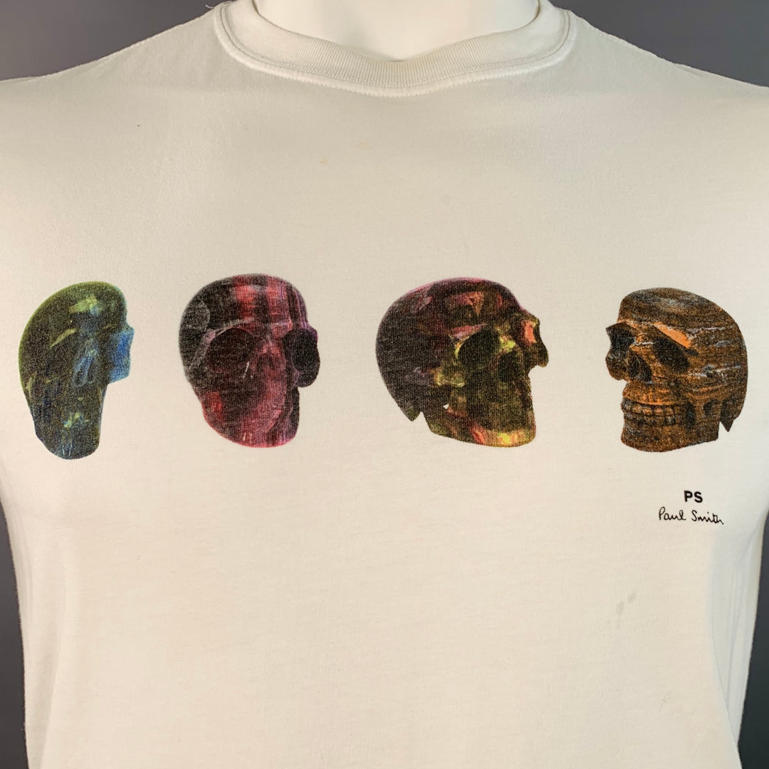 PAUL SMITH Size L White Multi Color Skulls Cotton Crew Neck T-shirt