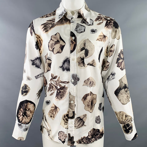 MARNI Size XXS Resonance White Brown Floral Print Silk Oversized Button Up Long Sleeve Shirt