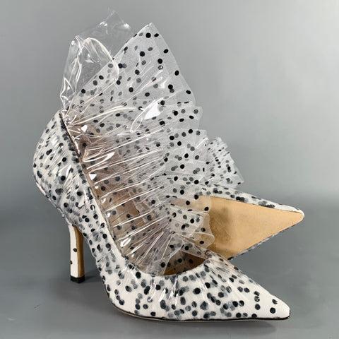 MIDNIGHT 00 Size 7.5 White Black Tulle Polka Dot Leather Trim Stiletto Heels Pumps