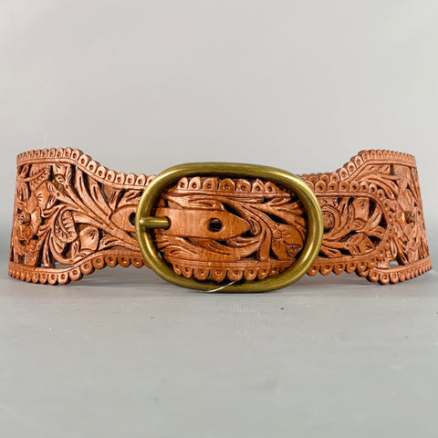 RALPH LAUREN Size M Brown Embossed Lasercut Floral Leather Western Belt