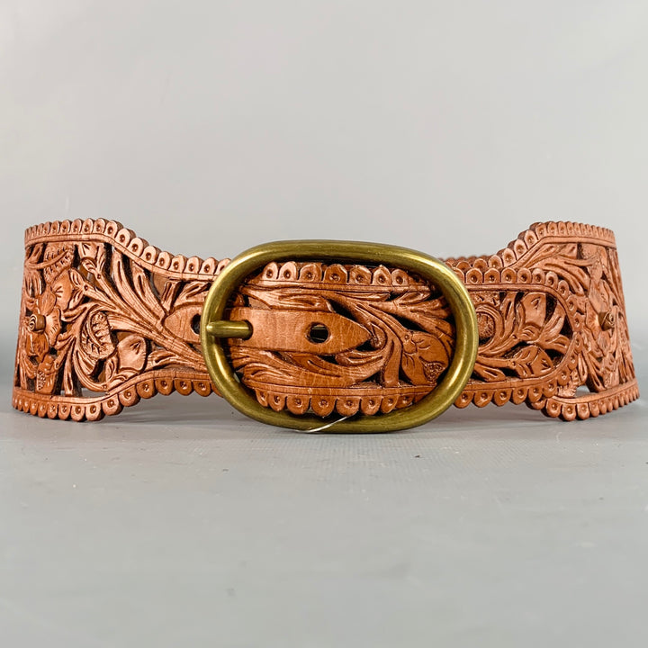 RALPH LAUREN Size M Brown Embossed Lasercut Floral Leather Western Belt