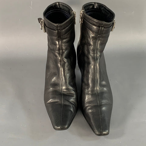 PRADA Size 7 Black Leather Kitten Heel Side Zipper Belted Ankle Boots