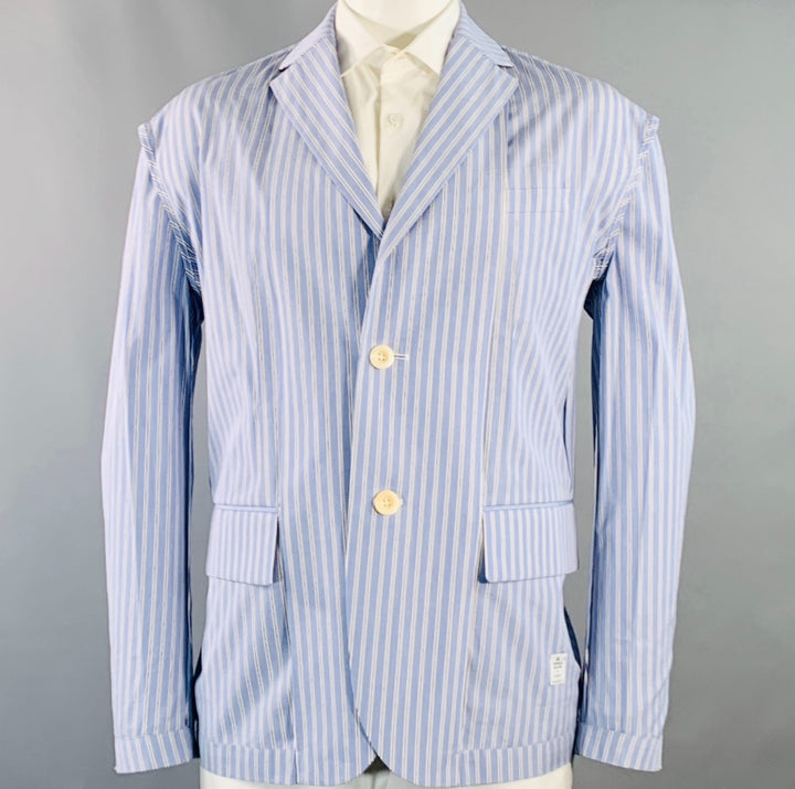 SACAI Size 44 Regular Light Blue White Stripe Cotton Sport Coat