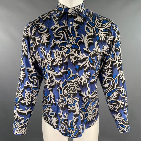 ETRO Size M Blue Black White Abstract Floral Cotton Blend Long Sleeve Shirt
