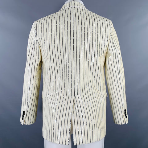 CELINE Size 36 Beige Black Sequined Polyester Notch Lapel Sport Coat