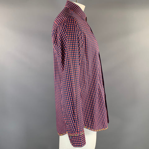 ROBERT GRAHAM Size L Orange Navy Gingham Cotton Button Up Long Sleeve Shirt