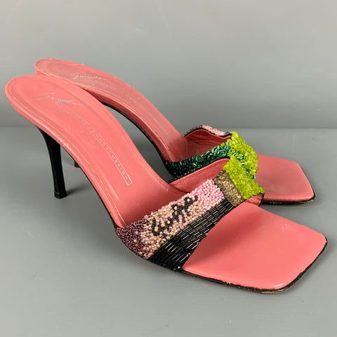 GIUSEPPE ZANOTTI Talla 7.5 Sandalias de punta cuadrada con cuentas de cuero multicolor rosa
