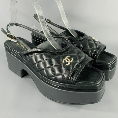 CHANEL Size 9 Black Leather Quilted Platform Sandals