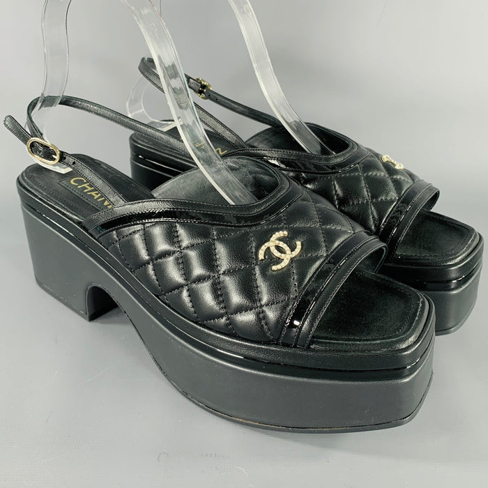 CHANEL Size 9 Black Leather Quilted Platform Sandals