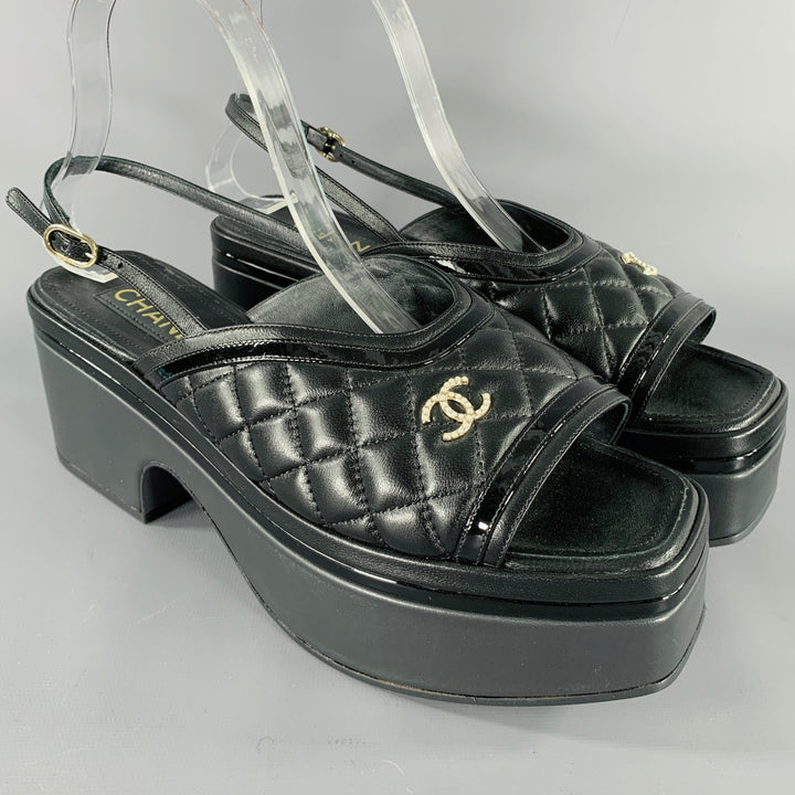 CHANEL Size 9 Black Leather Quilted Platform Sandals