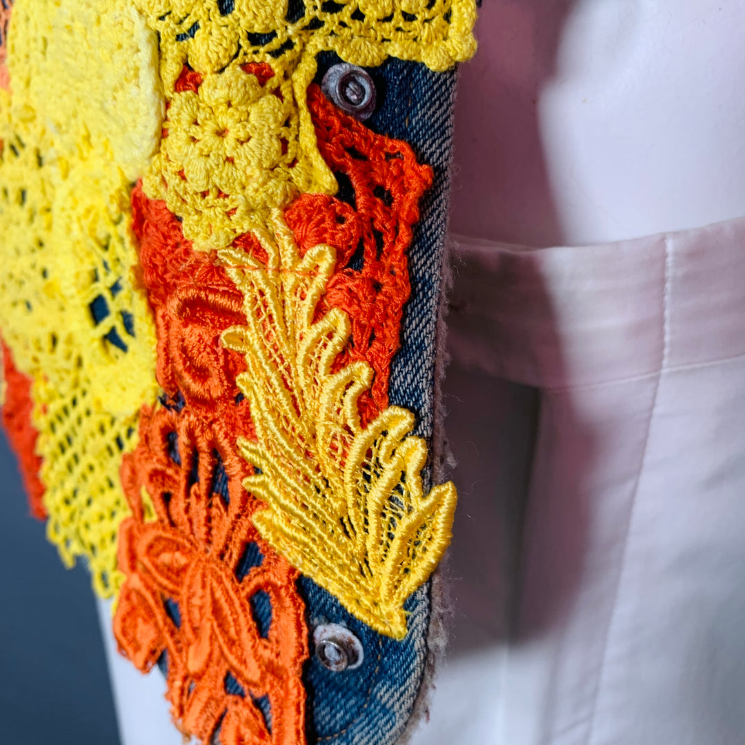 EARTHLING VIP Size XL Poetic Lust Blue Orange Yellow Lace Crochet Cotton Snaps Vest