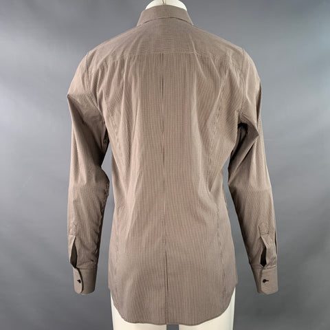 DOLCE & GABBANA Size L Brown White Gingham Cotton Blend Spread Collar Long Sleeve Shirt