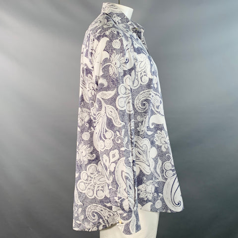 ETRO Size XXL White Slate Abstract Floral Cotton Long Sleeve Shirt