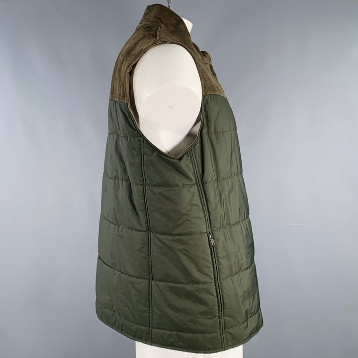 LUCIANO BARBERA Size 46 Green Olive Two Toned Polyester Suede Quilted Vest