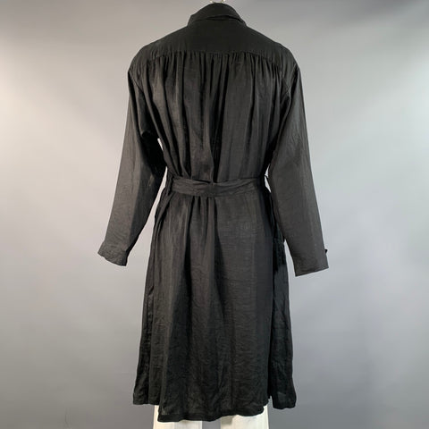 MONITALY Size L Black See Through Linen Double Breasted Coat
