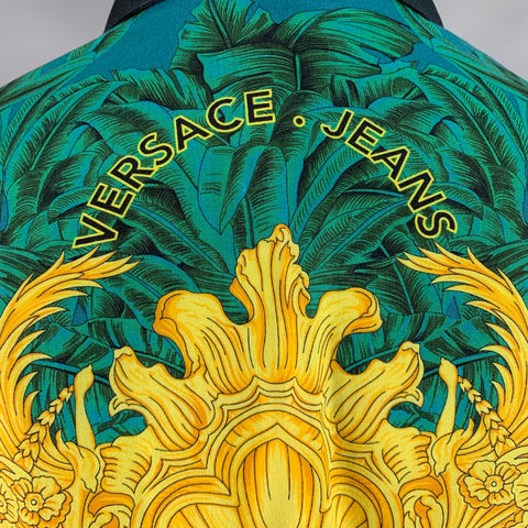 VERSACE JEANS Size S Green Gold Print Cotton Button Up Long Sleeve Shirt