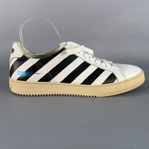 OFF-WHITE Size 9 Black White Stripe Leather Sneakers