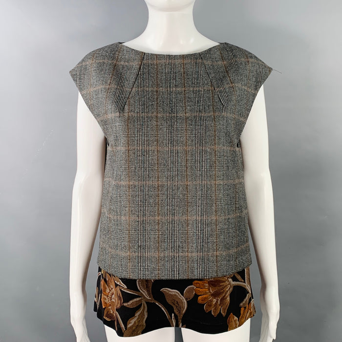 DRIES VAN NOTEN Size 8 Grey Brown Wool Plaid Sleeveless Casual Top