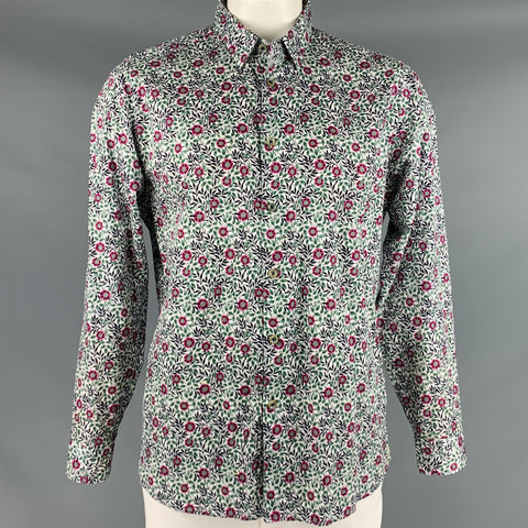 TED BAKER Size L White Black Purple Floral Cotton Button Up Long Sleeve Shirt