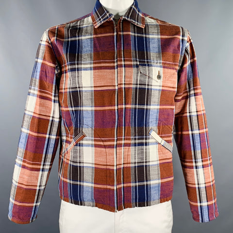 FUJITO Size XL Brown Navy Plaid Cotton Linen Zip Up Jacket