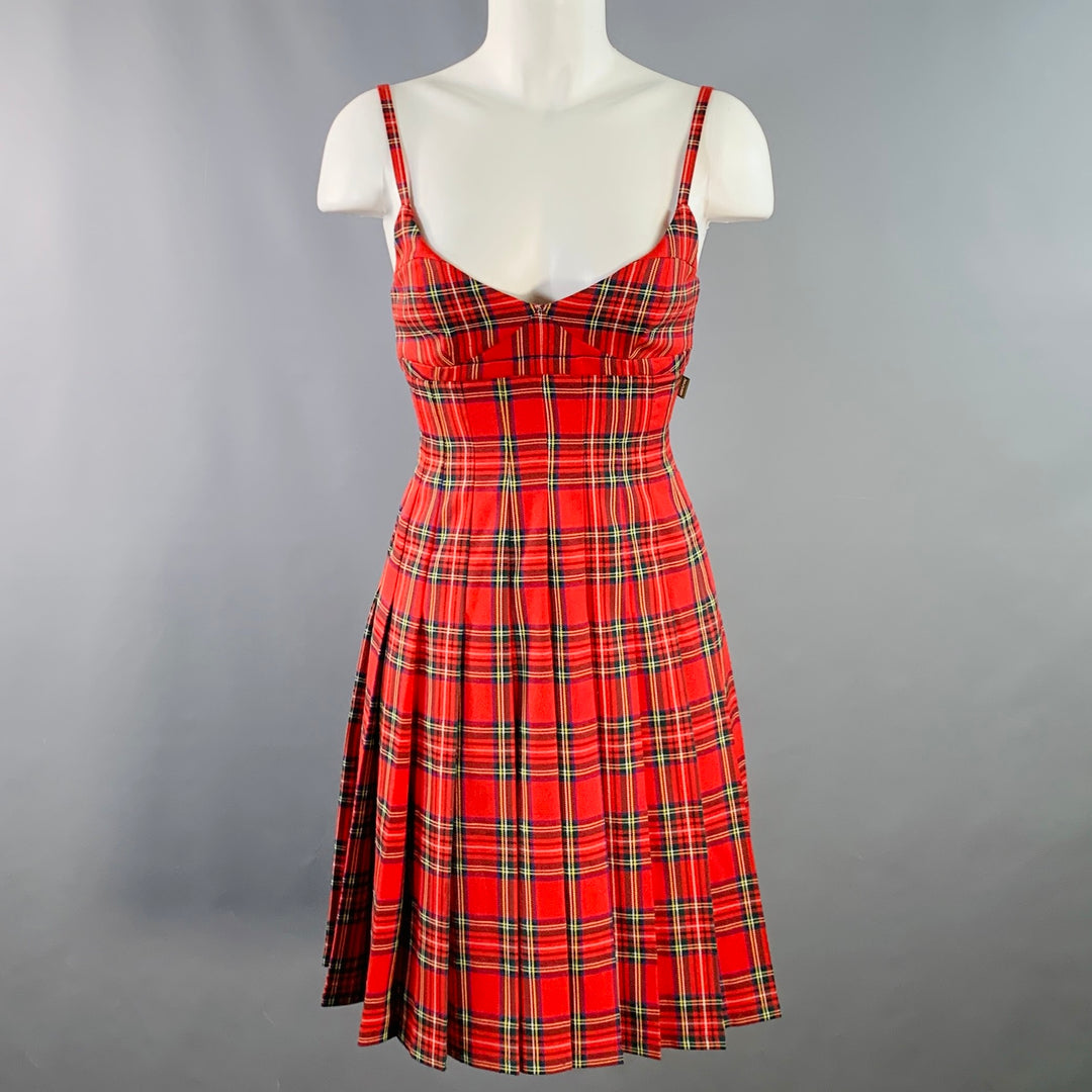 MARC JACOBS Size XS Red Multi Color Polyester Blend Plaid Pleated Dress