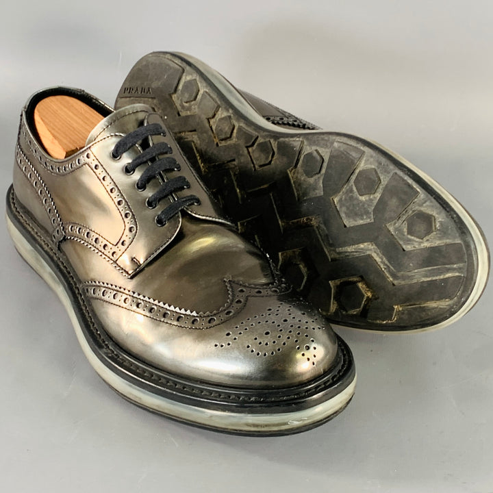 PRADA Size 9 Silver Metallic Perforated Leather Wingtip Lace-Up Shoes