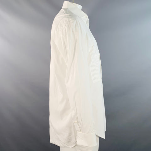 BORRELLI Size L White Pleated Cotton French Cuffs Tuxedo Long Sleeve Shirt