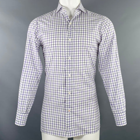ISAIA Size M Purple White Grey Plaid Cotton Spread Collar Long Sleeve Shirt
