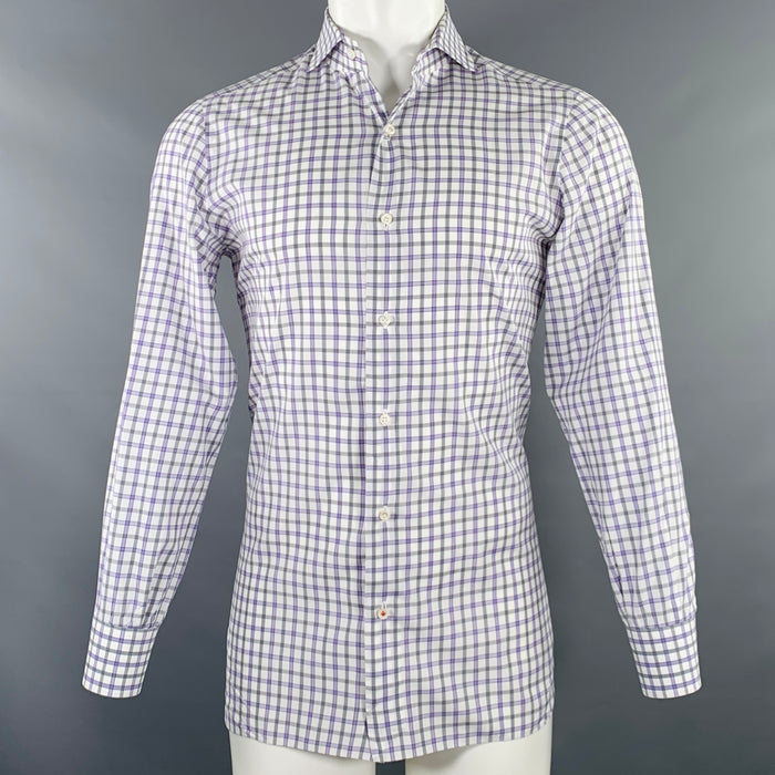 ISAIA Size M Purple White Grey Plaid Cotton Spread Collar Long Sleeve Shirt
