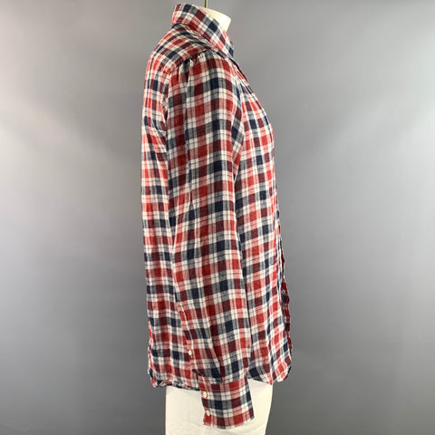 BRUNELLO CUCINELLI Size XL Red White & Blue Plaid Linen Long Sleeve Shirt
