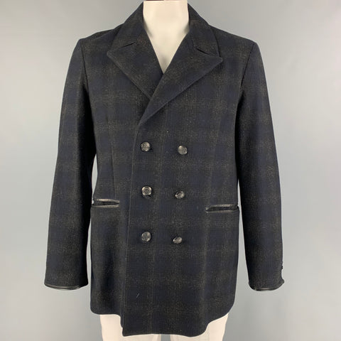 JOHN VARVATOS * U.S.A. Size L Charcoal Navy Plaid Wool Blend Coat