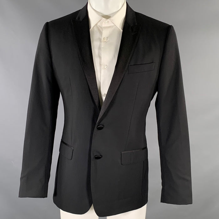 DOLCE & GABBANA Size 38 Long Black Wool Blend Tuxedo Sport Coat