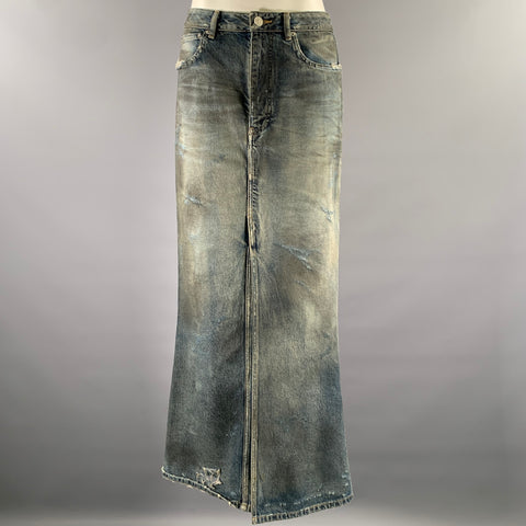 BALENCIAGA Size 2 Blue Mud Wash Cotton Denim Maxi Skirt