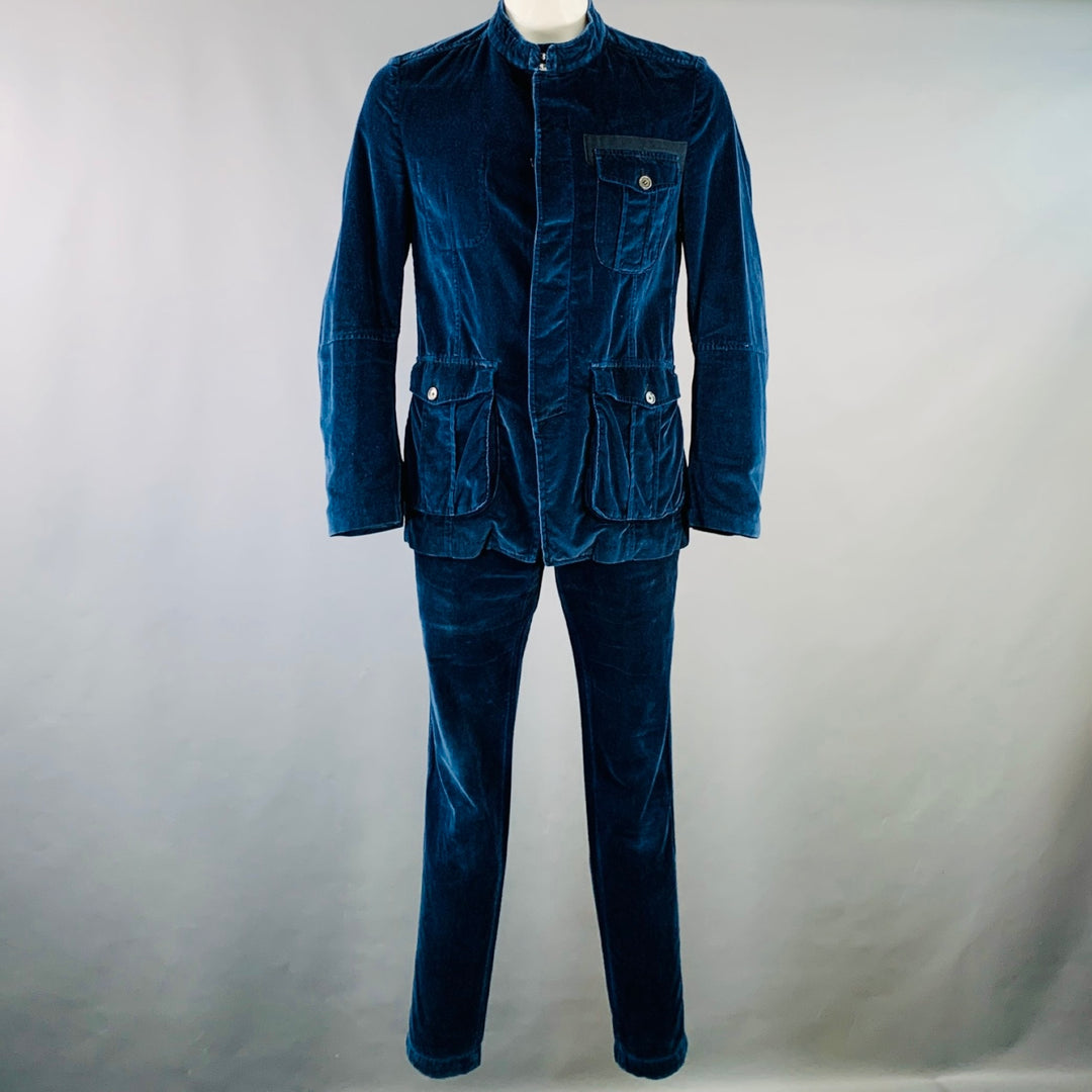 DRIES VAN NOTEN Size 42 Navy Black Velvet Cotton Nehru Collar Suit