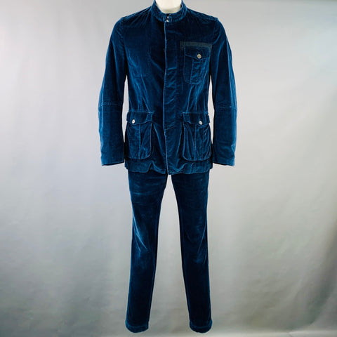 DRIES VAN NOTEN Size 42 Navy Black Velvet Cotton Nehru Collar Suit