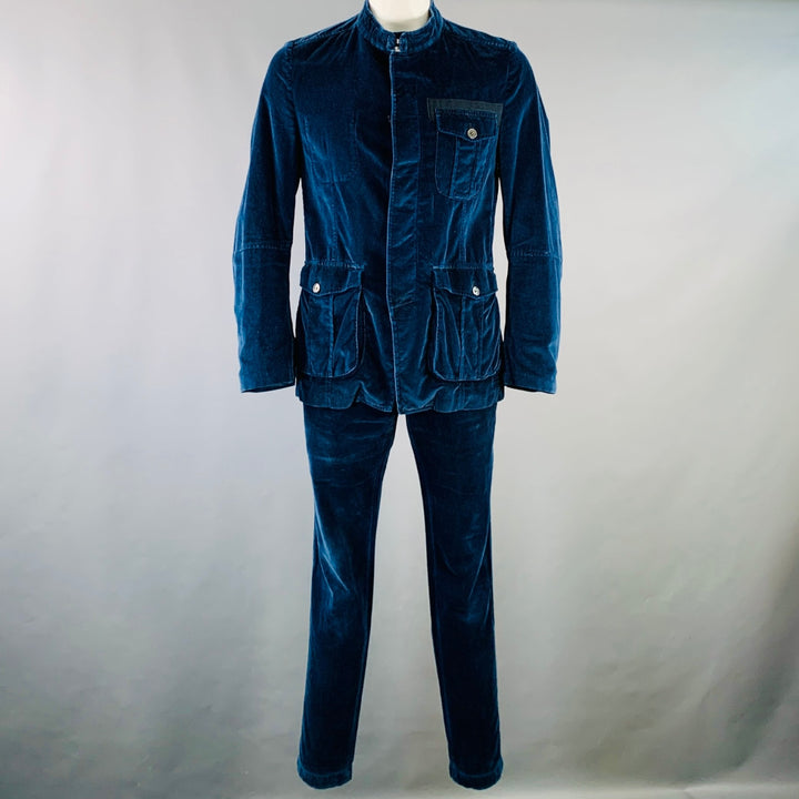 DRIES VAN NOTEN Size 42 Navy Black Velvet Cotton Nehru Collar Suit