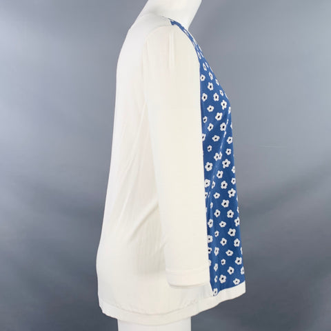 WHYCI MILANO Size 4 White Blue Viscose Blend Floral 3/4 Sleeves Casual Top
