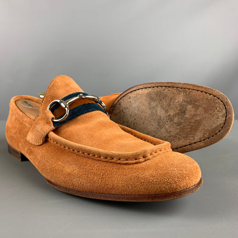GUCCI Size 9 Tan Textured Suede Horsebit Loafers