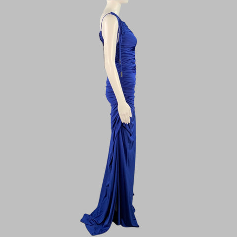 HALSTON Size 0 Blue Cobalt Ruched One Shoulder Long Evening Gown