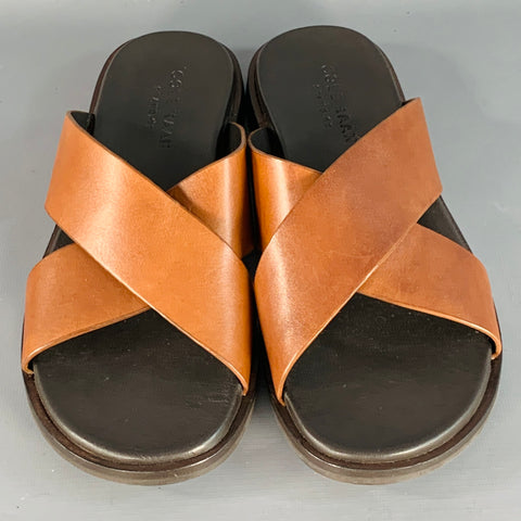 COLE HAAN Size 9 Brown Cognac Calf Leather Criss Cross Slip On Sandals